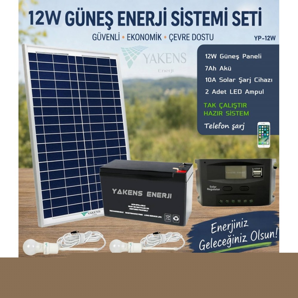 12W Güneş Enerji Sistemi Seti – 7Ah Akü + 10A Şarj Kontrol Cihazı + 2 LED Ampul | Telefon Şarjlı Taşınabilir Solar Aydınlatma Paketi